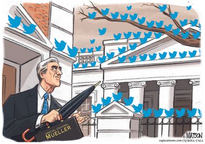 Political cartoon U.S. Mueller FBI Russia investigation Trump tweets The Birds Alfred Hitchcock