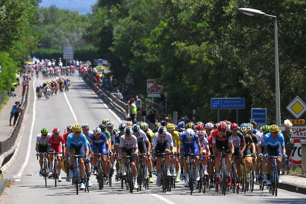 The peloton splits up during stage 14 at the Tour de France