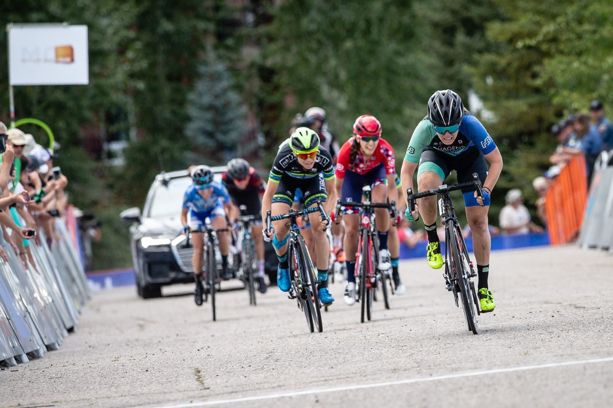 Whitney Allison (Hagens Berman-Supermint) sprints to second place on stage 1 of the Colorado Classic on August 22, 2019 in Steamboat Springs, Colorado.