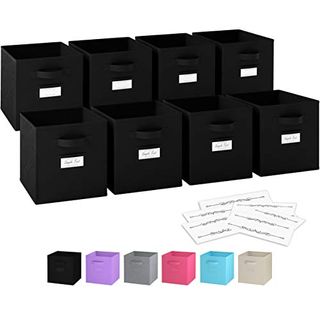 8 black fabric storage cubes with labels