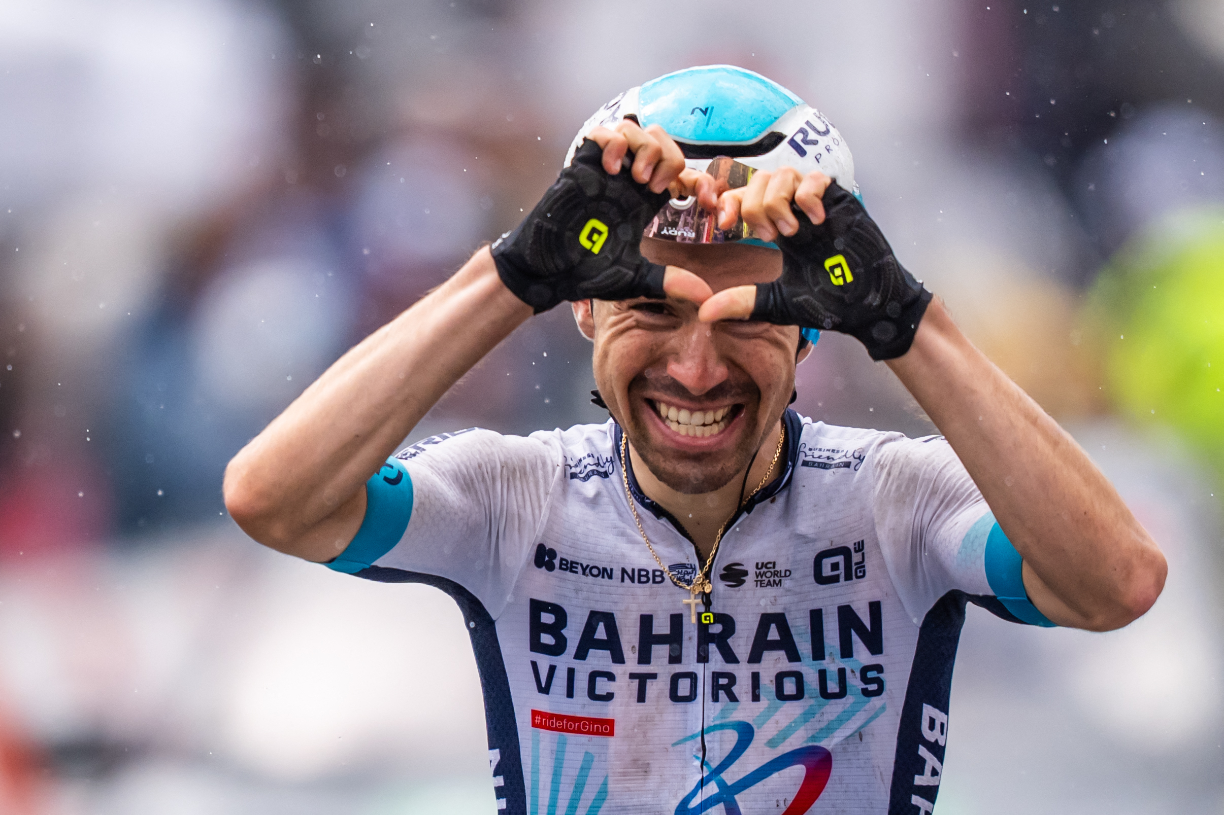 Bahrain Victorious team French cyclist Lenny Martinez celebrates winning the fourth stage of the Tour of Romandie UCI cycling World tour, a 128,4 km from Sion to Thyon 2000, in Thyon, on May 3, 2025. (Photo by Maxime SCHMID / AFP) (Photo by MAXIME SCHMID/AFP via Getty Images)
