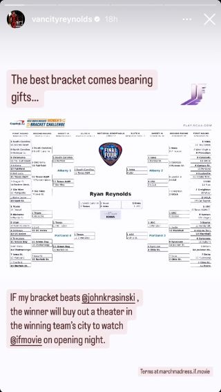 Ryan Reynold's Instagram story post about March Madness competition with John Krasinski