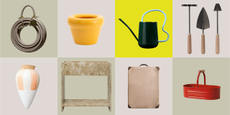 A product grid featuring a garden hose, an olla, a planter, a plant stand, a watering can, a garden pillow, a set of tools and a bucket