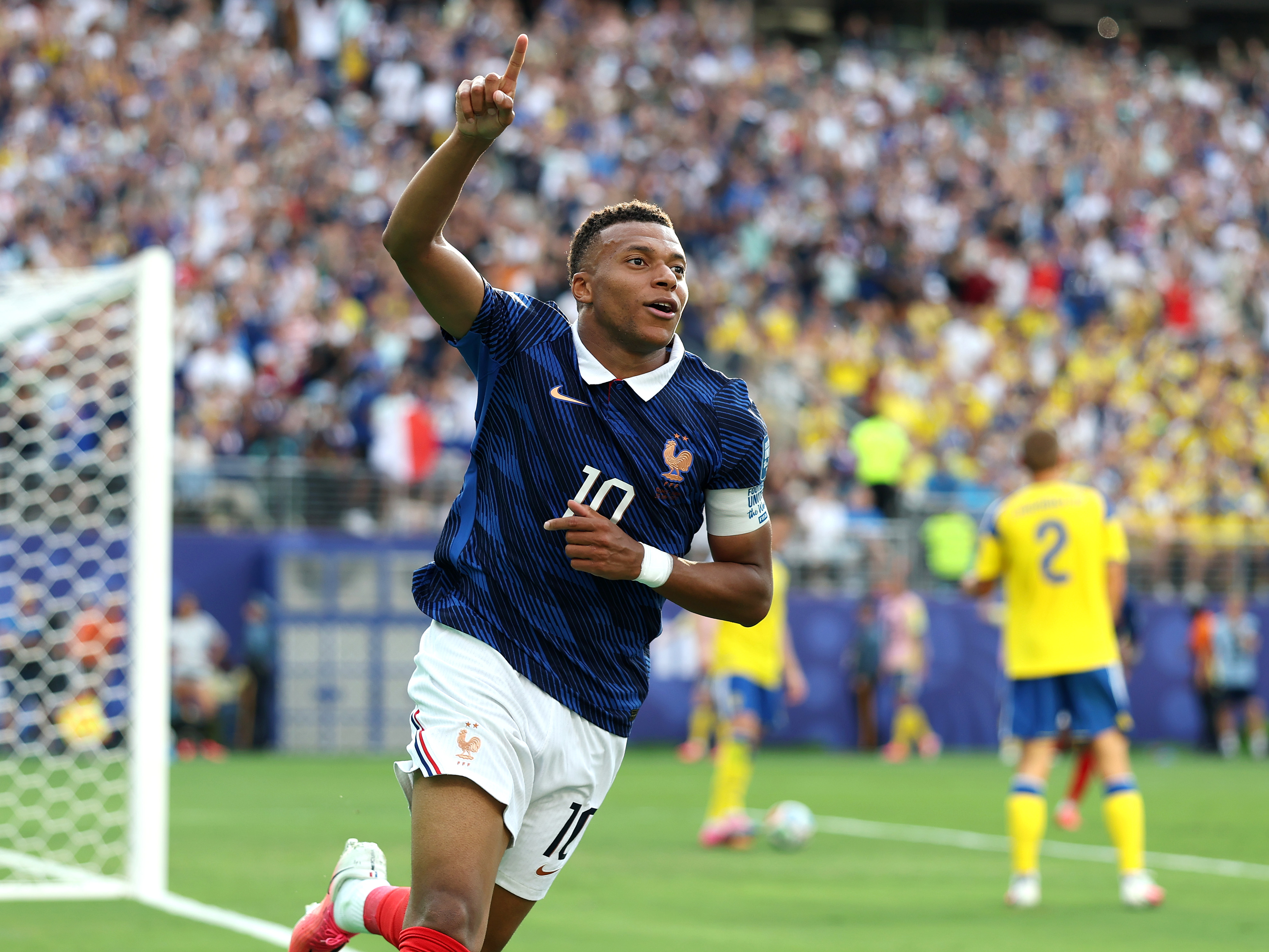 EAST RUTHERFORD, NEW JERSEY - JUNE 30: Kylian Mbappe #10 of France celebrates scoring his team&amp;apos;s third goal during the FIFA World Cup 2026 Round Of 32 match between France and Sweden at New York New Jersey Stadium on June 30, 2026 in East Rutherford, New Jersey. (Photo by Al Bello/Getty Images)