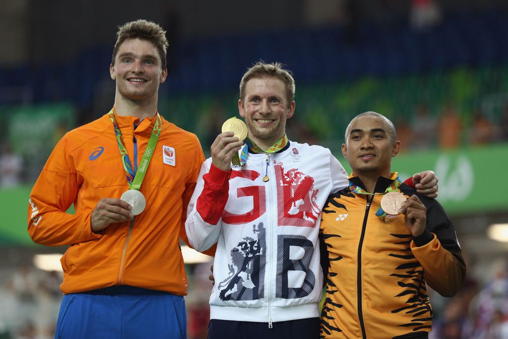 The keirin podium: Matthijs Buchli (Netherlands), Jason Kenny (Great Britain) and Azizulhasni Awang (Malaysia)