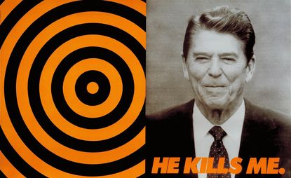 Offset lithograph portrait of former US President Ronald Reagan by Donald Moffett emblazoned with the words ‘He Kills Me’