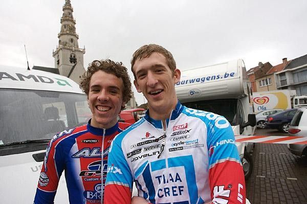 Jim Lennon (TIAA-CREF) and Nick Weighall share a laugh before the start at Diegem.