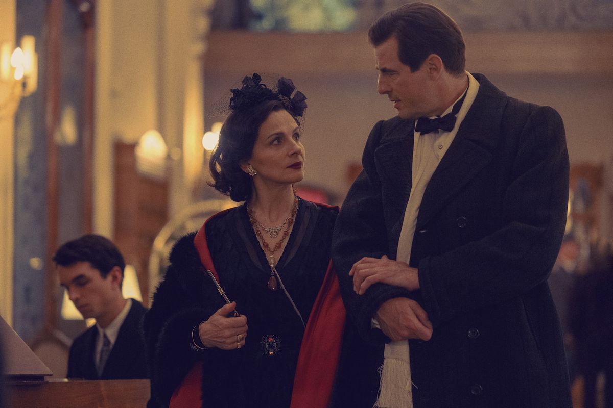 Claes Bang as Spatz with Coco Chanel (Juliette Binoche) in The New Look episode 3