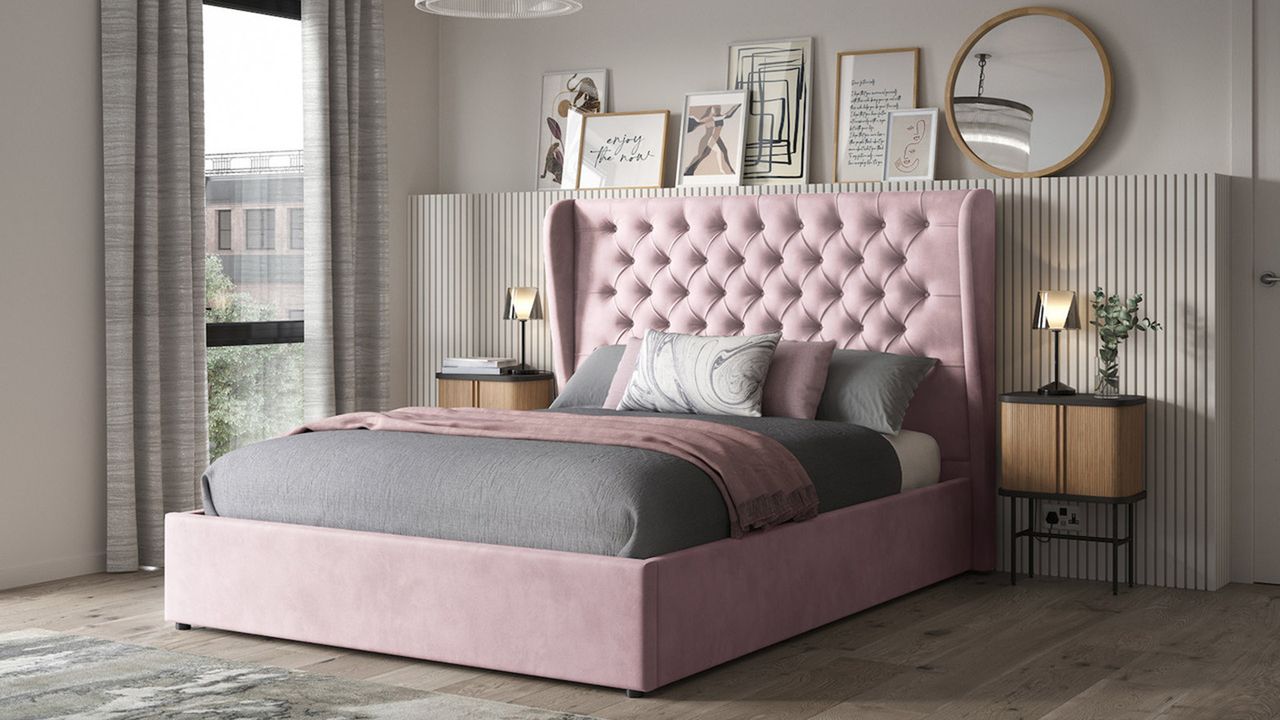 Orianna upholstered bed in pink