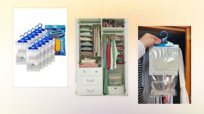composite of dehumidifier bags, wadrobe and picture of product