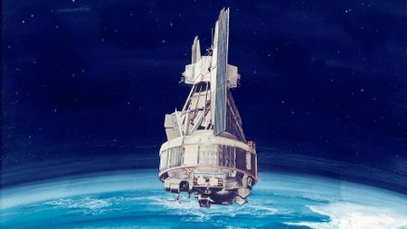 artist's rendering of a satellite in Earth orbit