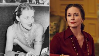 a black and white image of a woman (slim keith) sitting at a dining table next to a colored image of a woman (diane lane as slim keith) wearing a red blouse