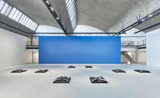 Large warehouse room with blue sheet hanging