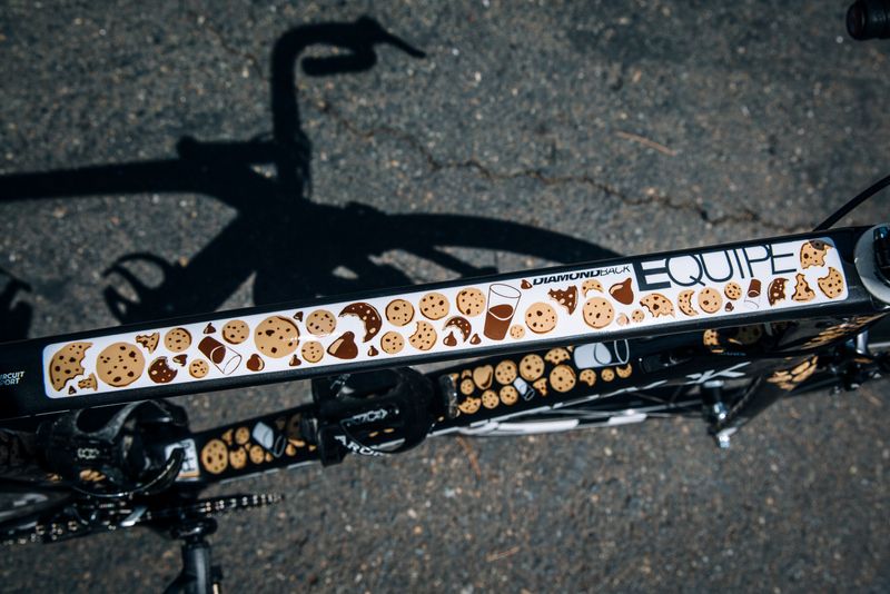 Milk and cookies decals on the top tube for Phil Gaimon