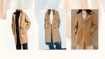 composite of three of the best camel coats for 2023 from John Lewis / Zara / Next