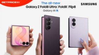 Picture of all three models of the Samsung Galaxy Z 8 Foldable range with red Getprice logo and black Samsung logo