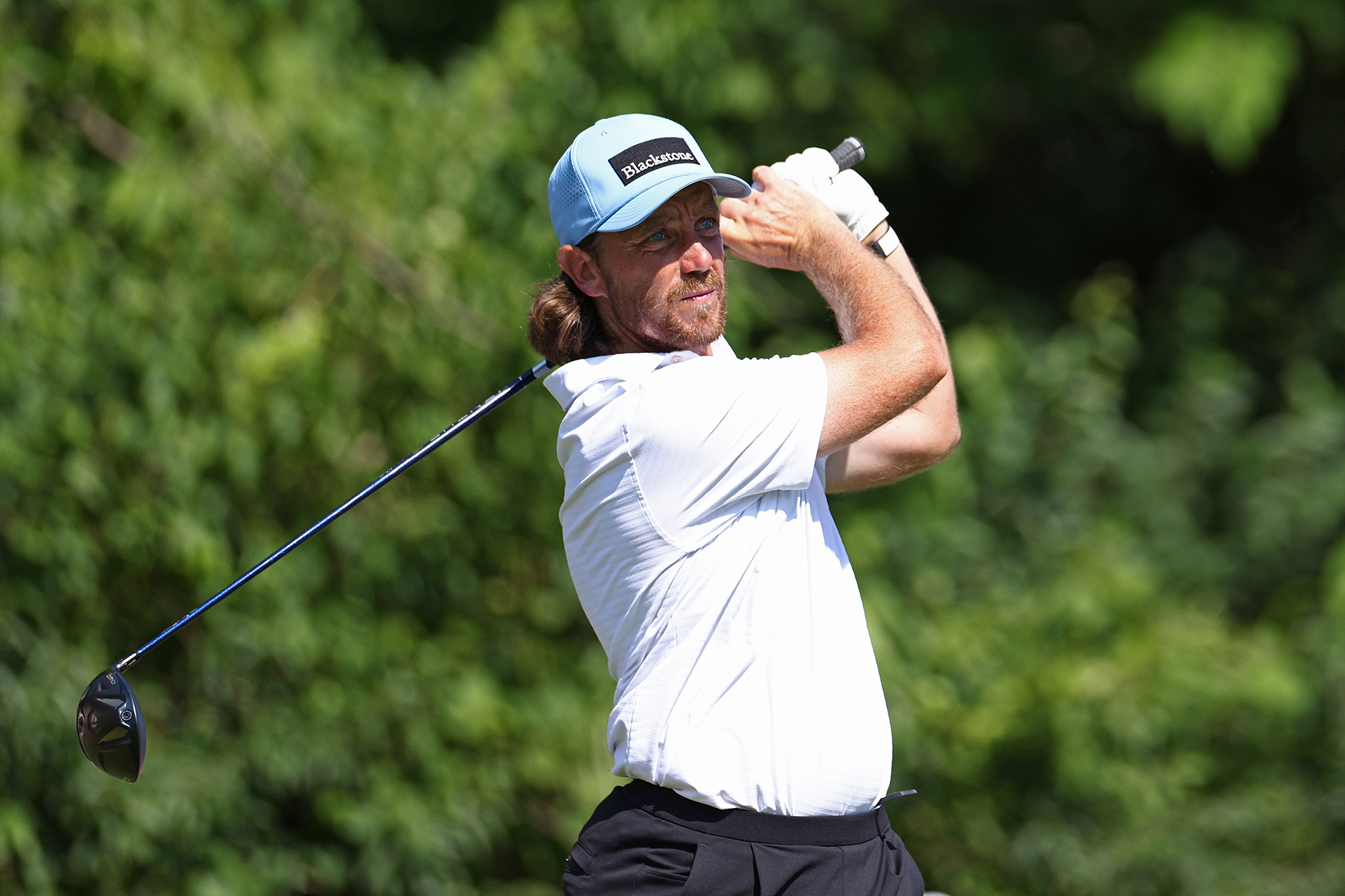 Tommy Fleetwood in the finish position with driver