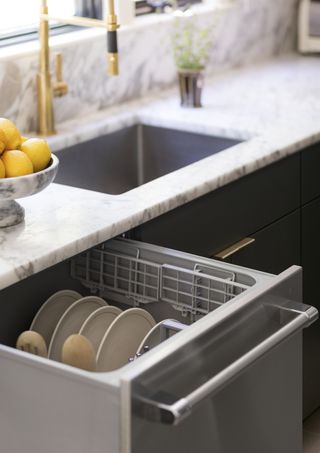A close up of a dishwasher under a marble countertop