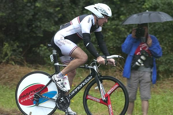 Brett Cottee from Sydney heads into the finish as persistent rain made life tough for not only the riders but awaiting media as well.