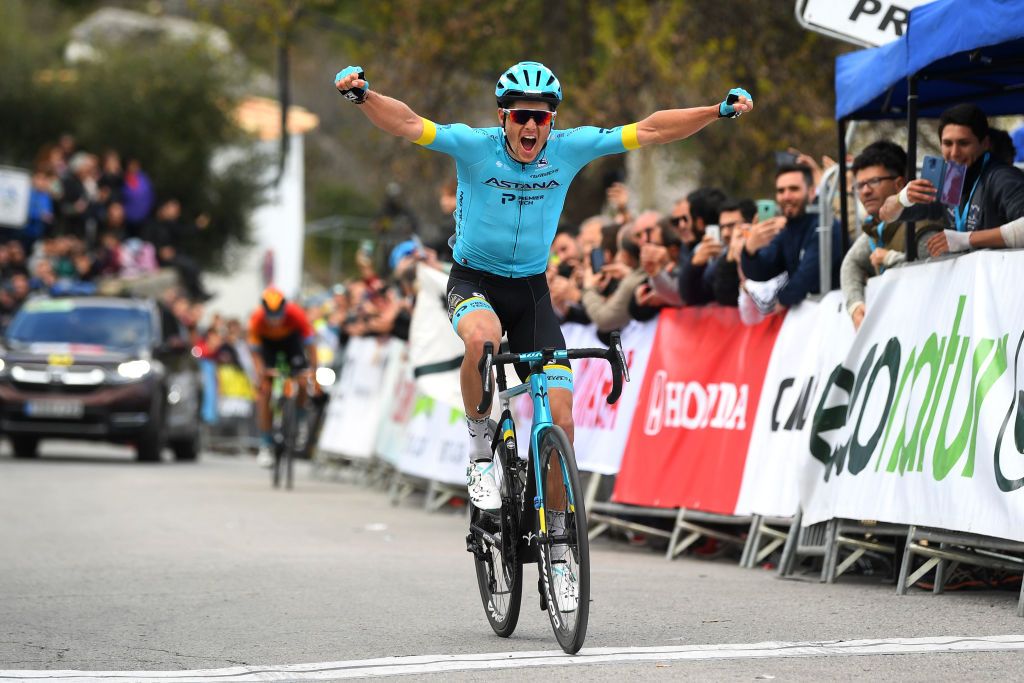 GRAZALEMA SPAIN FEBRUARY 19 Arrival Jakob Fuglsang of Denmark and Astana Pro Team Celebration Mikel Landa of Spain and Team Bahrain McLaren during the 66th Vuelta a Andaluca Ruta del Sol 2020 Stage 1 a 1738km stage from Alhaurn de la Torre to Grazalema 911m VCANDALUCIA UCIProSeries on February 19 2020 in Grazalema Spain Photo by David RamosGetty Images