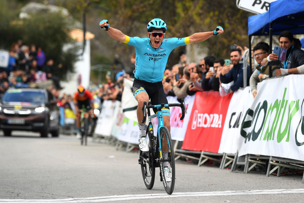 GRAZALEMA SPAIN FEBRUARY 19 Arrival Jakob Fuglsang of Denmark and Astana Pro Team Celebration Mikel Landa of Spain and Team Bahrain McLaren during the 66th Vuelta a Andaluca Ruta del Sol 2020 Stage 1 a 1738km stage from Alhaurn de la Torre to Grazalema 911m VCANDALUCIA UCIProSeries on February 19 2020 in Grazalema Spain Photo by David RamosGetty Images