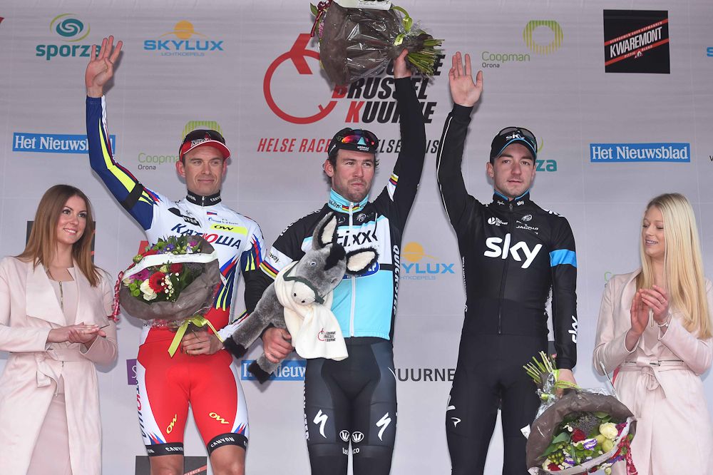 Kristtoff, Cavendish and Viviani on the Kuurne podium.