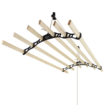 wooden drying rack on pulleys