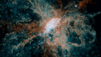 An illustration of an early galaxy expelling heavy elements (orange) into its surroundings