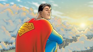 Superman smiles as he looks behind him in a cover image for Superman: Legacy