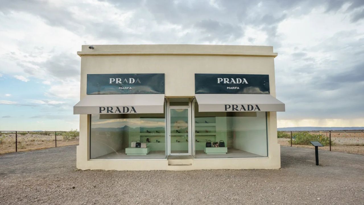 VALENTINE, TEXAS - JULY 14: The Prada Marfa sculpture by artists Elmgreen and Dragset on July 14, 2020 in Valentine, Texas. (Photo by Josh Brasted/Getty Images)