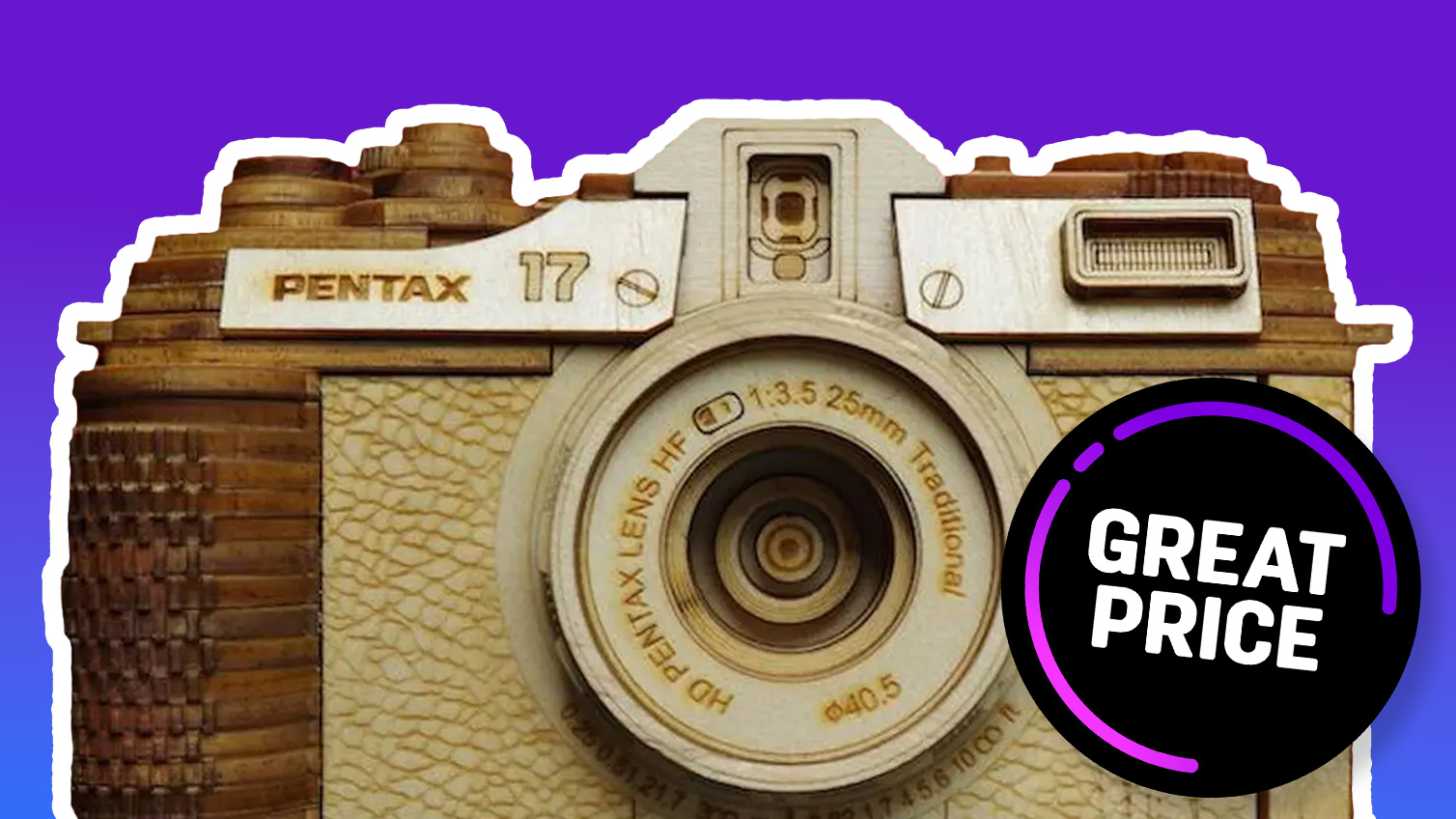 CameraTins wooden Pentax 17 on blue to purple gradient with roundel 