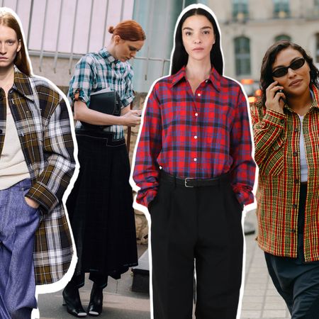 A Future graphic of women at fashion week wearing flannel outfits featuring red, yellow, and brown plaid shirts