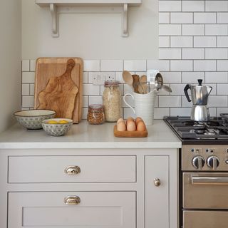Close up of cabinets in neutral grey kitchen