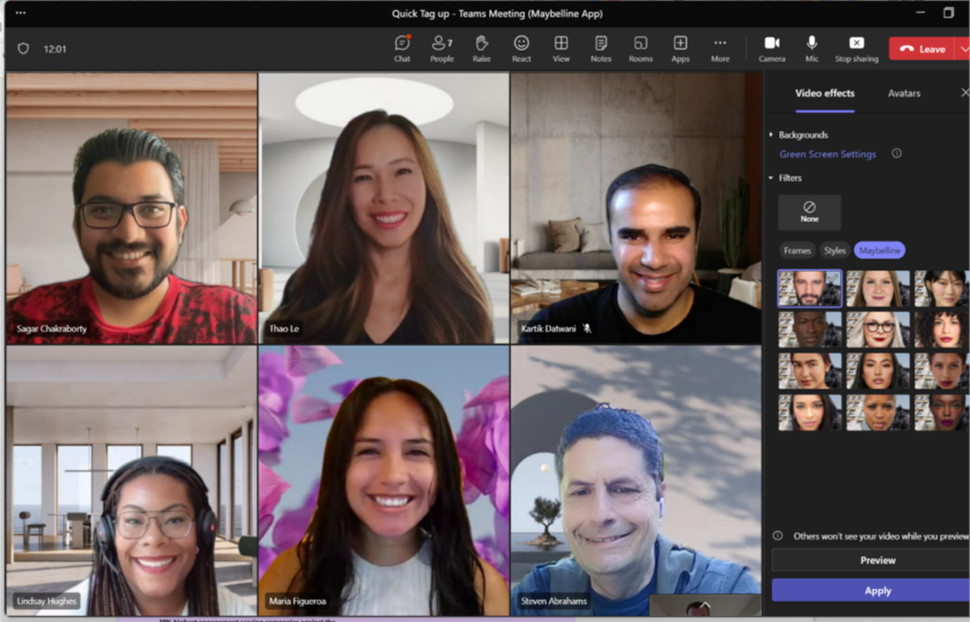 Microsoft Teams Maybelline AI beauty filter
