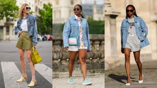 street style models showing how to style a denim jacket with shorts