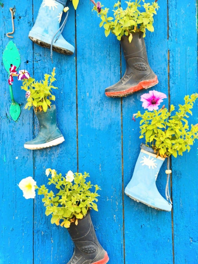 DIY Rainboot Planters On A Wall