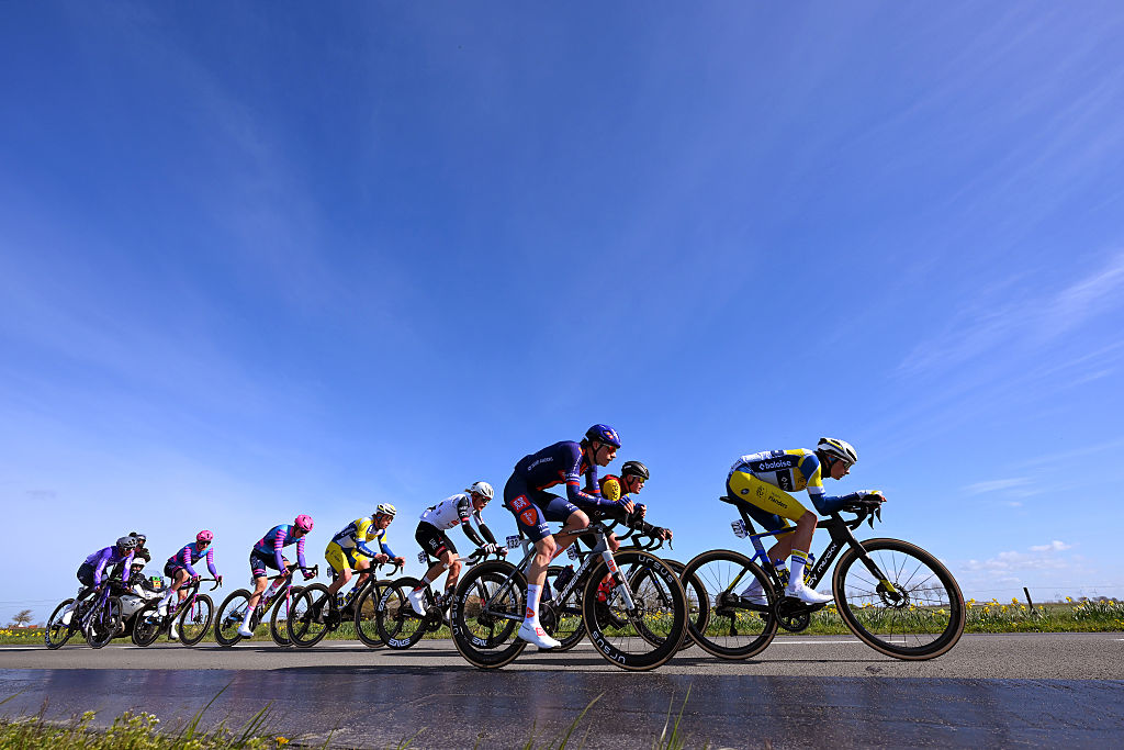 WEVELGEM, BELGIUM - MARCH 29: (L-R) Frits Biesterbos of Netherlands and Team Picnic PostNL, Camille Charret of France and Team Cofidis and Victor Vercouillie of Belgium and Team Flanders - Baloise lead the breakaway during the 88th In Flanders Fields - From Middelkerke to Wevelgem 2026 - Men&amp;amp;apos;s Elite a 240.8km one day race from Middelkerke to Wevelgem / #UCIWT / on March 29, 2026 in Wevelgem, Belgium. (Photo by Tim de Waele/Getty Images)