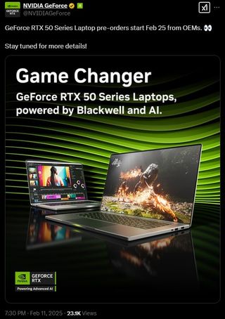 Nvidia tweets confirming the launch of RTX 50-series equipped laptops