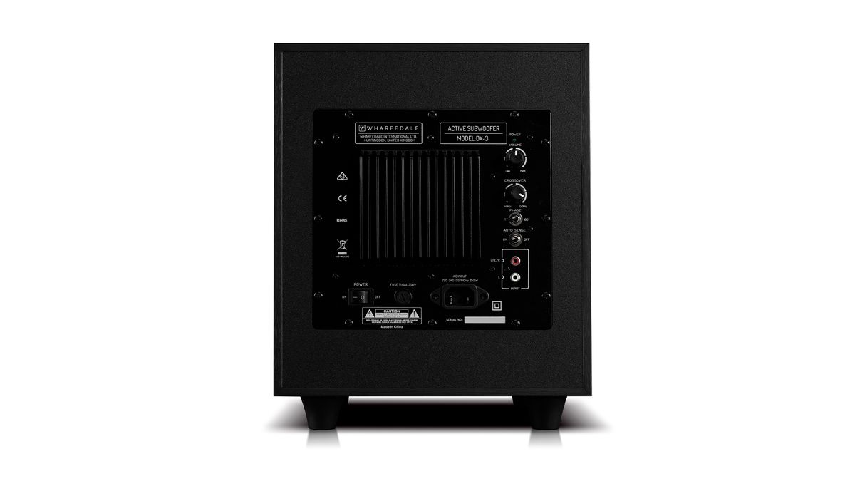 A rear view of the square subwoofer included as part of the Wharfedale DX-3 HCP. It is black and the background is white.