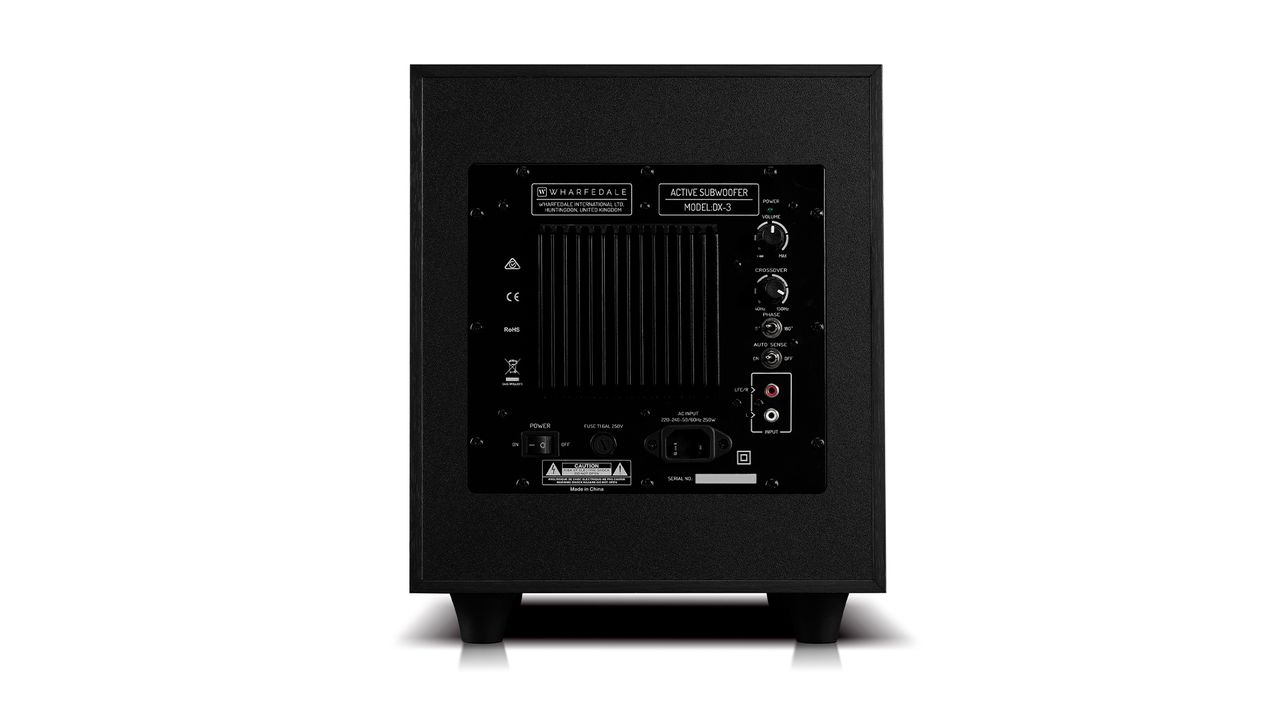 A rear view of the square subwoofer included as part of the Wharfedale DX-3 HCP. It is black and the background is white.