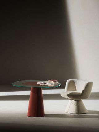 Milan Design Week B&B Italia Allure O'Dot round glass dining table in red and white marble