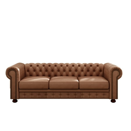 Noodeniya Chesterfield Sofa With Rolled Arms, Upholstered Sofa Padded Seat, Button Tufted Sofa With Nailhead Trim and Backrest, Faux Leather Couch, Brown