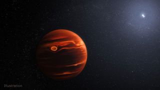 An illustration of a fiery red 'super Jupiter' planet with a raging red dust storm on its surface