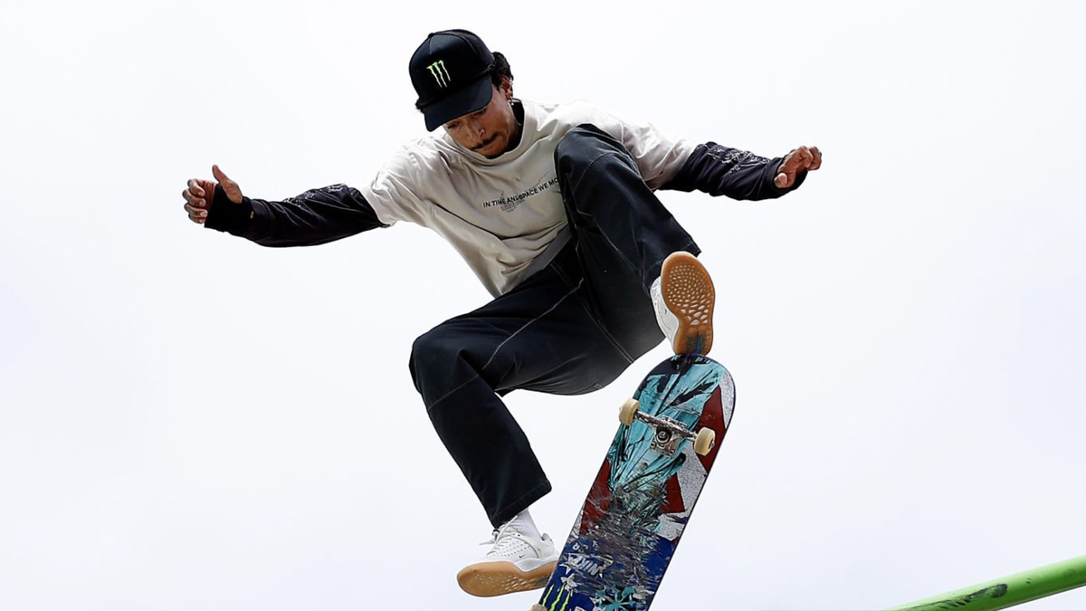 Team USA&#039;s Nyjah Huston performs a trick ahead of the Street Skateboarding live stream at Olympics 2024