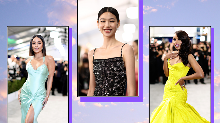 Collage of Vanessa Hudgens, HoYeon Jung and Kerry Washington from the SAG Awards 2022—to illustrate our round-up of the SAG Awards best dressed stars