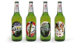 Beck's beer bottles with label replaced by artworks