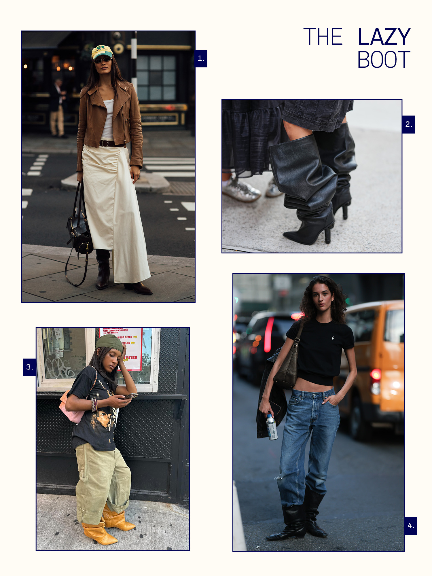 Woman in white skirt and brown leather jacket with slouchy boots. Black leather boots. Marie-Victoire Tiangue in a graphic tee, green cargo pants and mustard colored slouchy boots. Person in baggy distressed jeans, fitted short sleeve crewneck, and slouchy black leather boots.