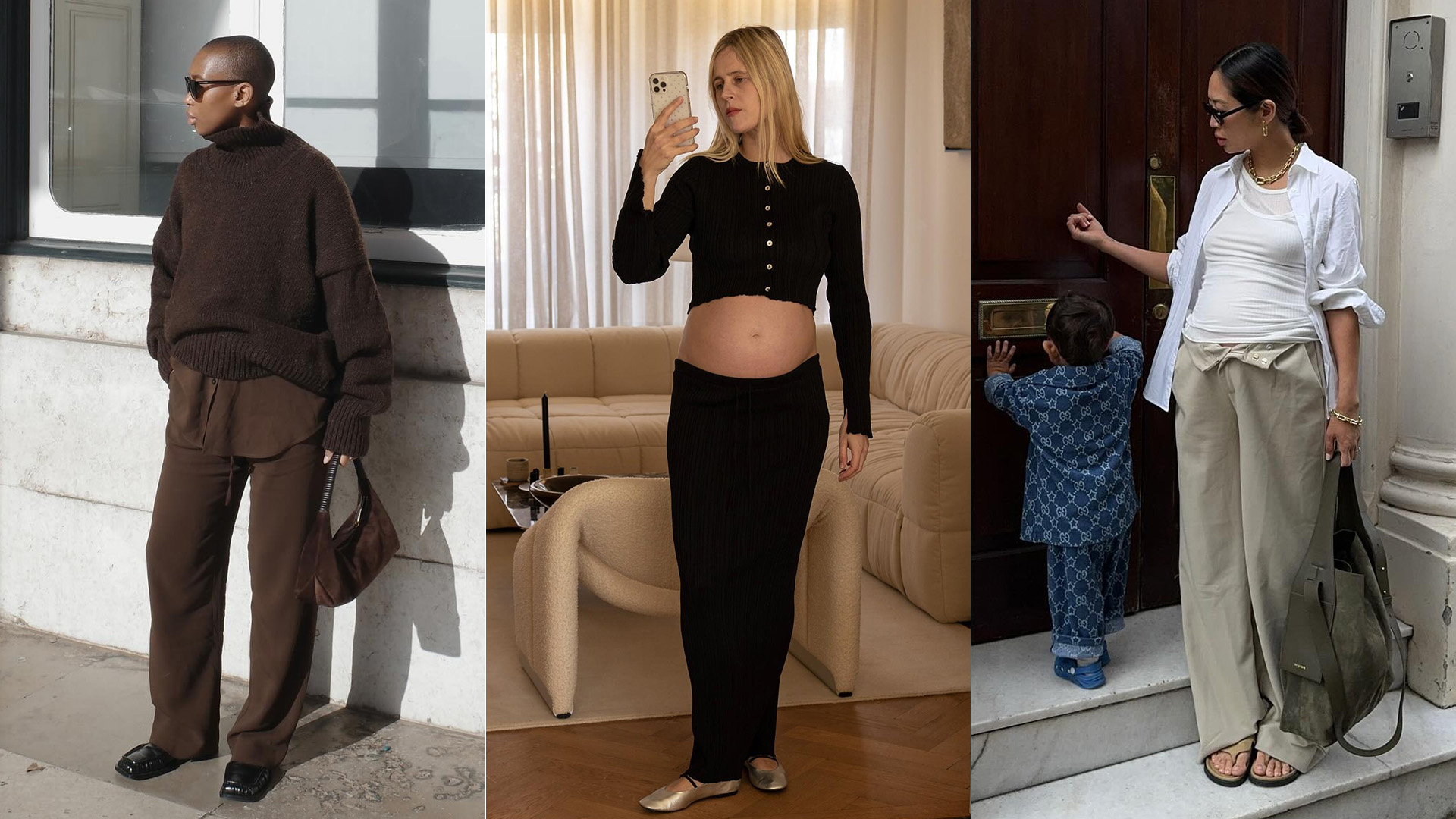 fashion collage featuring three pregnancy style influencers Marisa Martins, Linda Tol, and Aimee Song wearing chic 2025 maternity looks