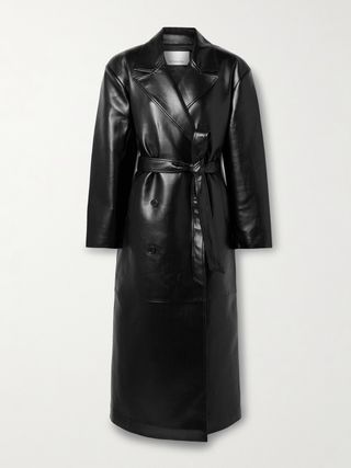 Tina Double-Breasted Belted Faux Leather Trench Coat