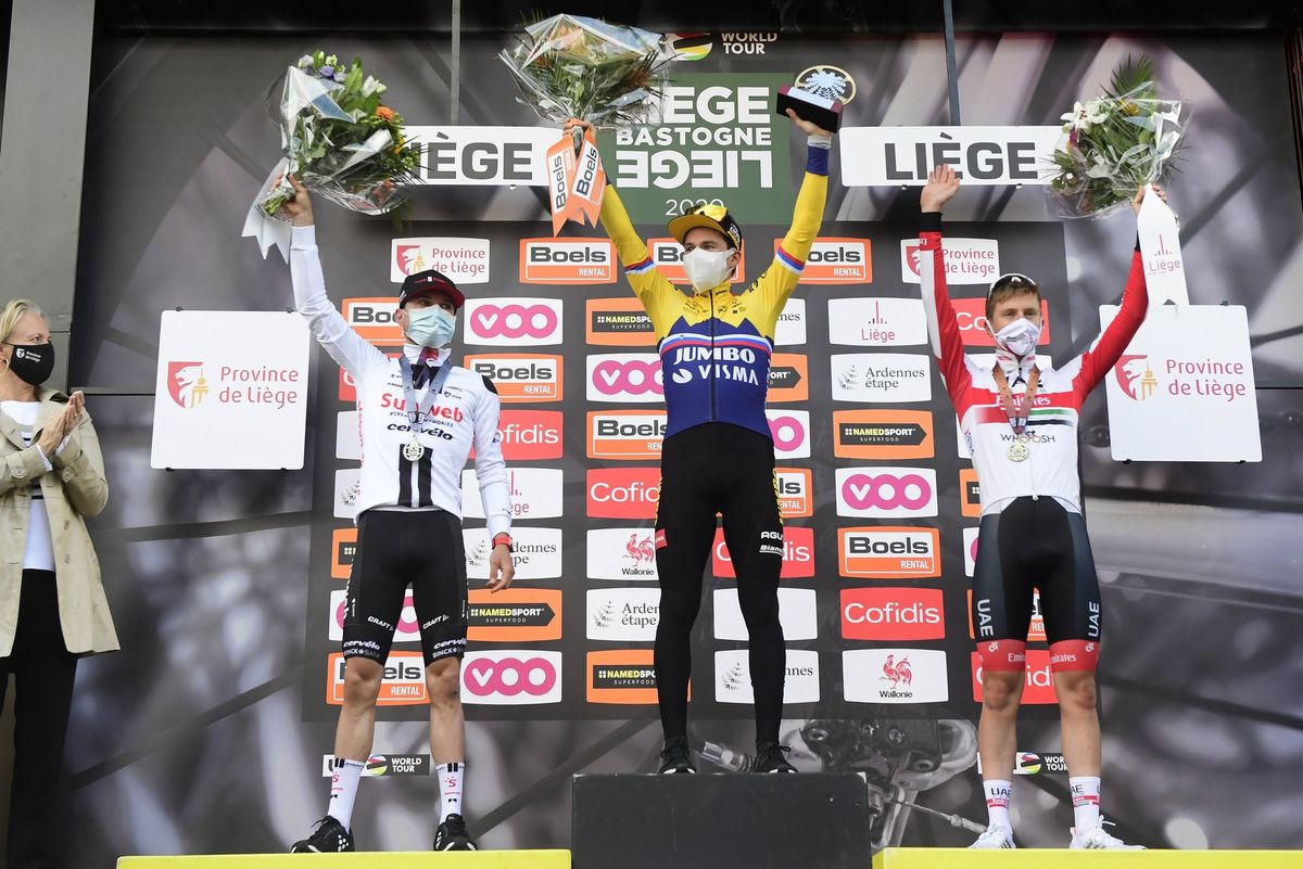 Liege Bastogne Liege 2020 106th Edition Liege Liege 257 km 04102020 Marc Hirschi SUI Team Sunweb Primoz Roglic SLO Team Jumbo Visma Tadej Pogacar SLO UAE Team Emirates photo Peter De VoechtPNBettiniPhoto2020
